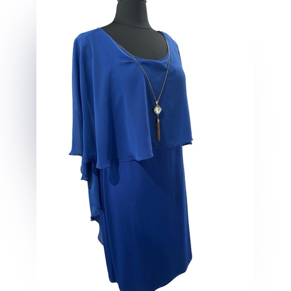 Royal Blue Sleeveless Dress with attached Pendant & Sheer Draping Cape-size 14 - Picture 9 of 10